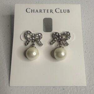 NWT Charter Club Silver Tone Bow with Drop Faux Pearl Stud Earrings